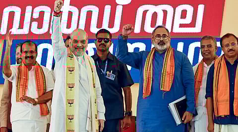 Union Home Minister Amit Shah and Kerala BJP President Rajeev Chandrasekhar and others during a public meeting, in Thiruvananthapuram, Saturday, July 12, 2025.