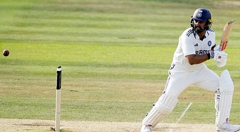 India's batter Karun Nair plays a shot during the fourth day of the third Test match between India and England, at the Lord's Cricket Ground, in London, Sunday, July 13, 2025.