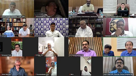 In this screengrab from a video posted by @Jairam_Ramesh via X on July 19, 2025, Jammu and Kashmir Chief Minister Omar Abdullah, Congress President Mallikarjun Kharge, Jharkhand Chief Minister Hemant Soren, Shiv Sena (UBT) chief Uddhav Thackeray and other leaders of the INDIA bloc parties during a virtual meeting ahead of the Monsoon session of the Parliament.