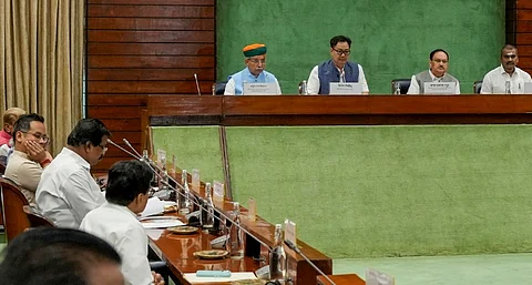 Union Ministers J.P. Nadda and Kiren Rijiju and Ministers of State Arjun Ram Meghwal and L. Murugan during the all-party meeting ahead of the Monsoon session of Parliament, in New Delhi, Sunday, July 20, 2024.