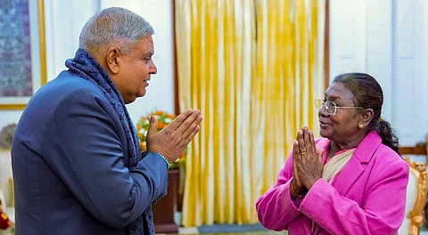 President Droupadi Murmu being greeted by Vice President Jagdeep Dhankhar at the Rashtrapati Bhavan, in New Delhi.