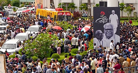 The mortal remains of former Kerala chief minister and veteran CPI (M) leader VS Achuthanandan being taken to his native place Alappuzha from the state Secretariat, in Thiruvananthapuram, Tuesday, July 22, 2025.