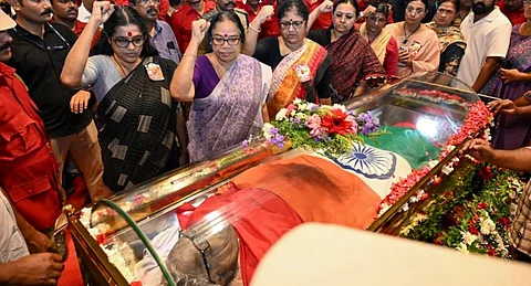 Kerala Ministers R Bindu and Veena George, CPI(M) leaders C S Sujatha and P K Sreemathy and others pay homage to former Kerala chief minister and CPI (M) leader VS Achuthanandan during a tribute ceremony at Municipal Recreation Ground, in Alappuzha, Wednesday, July 23, 2025.