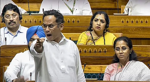Congress MP Gaurav Gogoi, NCP (SP) MP Supriya Sule during a debate in the Lok Sabha on the Pahalgam terror attack and Operation Sindoor, at the Monsoon session of Parliament, in New Delhi, Monday, July 28, 2025.