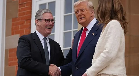 U.S. President Donald Trump meets with British Prime Minister Keir Starmer (L) and his wife Victoria Starmer at Trump Turnberry golf club on July 28, 2025 in Turnberry, Scotland.
