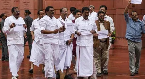 UDF MPs from Kerala protest over the arrested two nuns in Chhattisgarh, during the Monsoon session of Parliament, in Delhi, on Tuesday.