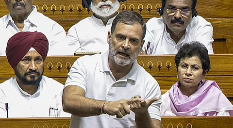 Leader of Opposition in the Lok Sabha Rahul Gandhi speaks during a debate in the House on the Pahalgam terror attack and Operation Sindoor, at the Monsoon session of Parliament, in New Delhi, Tuesday, July 29, 2025.