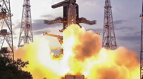 In this screengrab via ISRO Youtube, ISRO's launch vehicle GSLV-F16 carrying the NISAR earth observation satellite lifts off from the launch pad at the Satish Dhawan Space Centre, in Sriharikota, Andhra Pradesh, Wednesday, July 30, 2025.