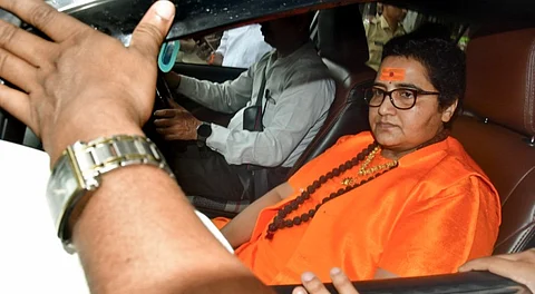 Former BJP MP Pragya Thakur leaves a sessions court after signing of a surety bond following her acquittal in the 2008 Malegaon blast case, in Mumbai, Saturday, Aug. 2, 2025.