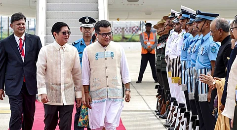 Philippines President Ferdinand Romualdez Marcos Jr. being received by Minister of State for External Affairs Pabitra Margherita upon his arrival, in New Delhi.