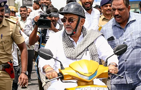 Karnataka Deputy Chief Minister DK Shivakumar inspects the ongoing Hebbal flyover construction works, in Bengaluru.