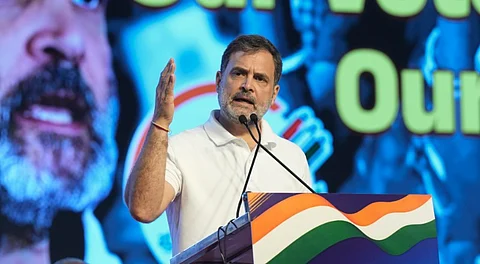 Congress leader and LoP in Lok Sabha Rahul Gandhi addresses the party's 'Vote Adhikar Rally', in Bengaluru, Friday, Aug. 8, 2025.