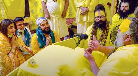 Bollywood actor Shilpa Shetty and her husband Raj Kundra meet spiritual leader Premanand Maharaj, in Vrindavan, Uttar Pradesh.