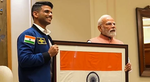 Prime Minister Narendra Modi during a meeting with astronaut Shubhanshu Shukla, at his residence in New Delhi, Monday, Aug. 18, 2025.