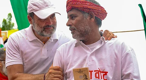 In this image released by AICC on Aug. 19, 2025, LoP in the Lok Sabha and Congress leader Rahul Gandhi during the 'Voter Adhikar Yatra', in Nawada district