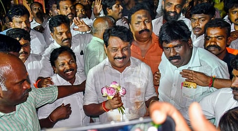 BJP's Tamil Nadu chief Nainar Nagenthran being greeted by supporters after his election as the party's state chief, in Tirunelveli, April 13, 2025.
