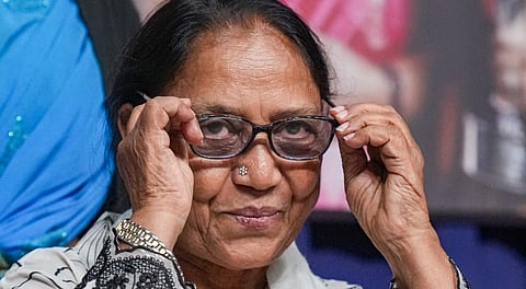 International Booker Prize winner Banu Mushtaq during her felicitation ceremony by the Karnataka Union of Working Journalists, at Gandhi Bhavan, in Bengaluru, Wednesday, May 28, 2025.