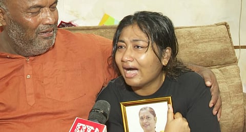 Pradeep Liladhar Makhva, husband of deceased Kaveri Nakhwa who was mown down by the BMW car allegedly run by Shiv Sena (Shinde)'s leader son, with his daughter Amrutha Nakhva speaks to PTI, in Mumbai, Tuesday, July 9, 2024.