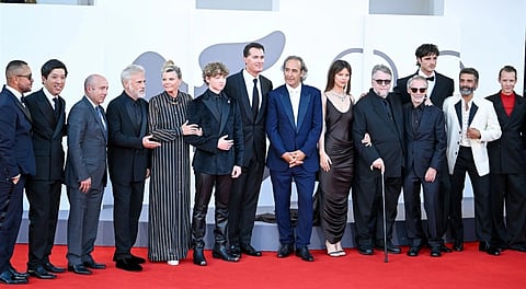Christoph Waltz, Dominique Lemonnier, Christian Convery, Scott Stuber, Alexandre Desplat, Mia Goth, Guillermo del Toro, guest, Jacob Elordi, Oscar Isaac, Felix Kammerer and Ted Sarandos attend the 'Frankenstein' world premiere during the 82nd Venice International Film Festival on Aug. 30, 2025 in Venice, Italy.