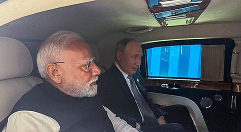 Prime Minister Narendra Modi and Russian President Vladimir Putin travel in the same car to the destination of their bilateral meeting on the sidelines of the Shanghai Cooperation Organisation (SCO) Summit, in Tianjin, China.
