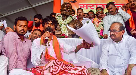 Activist Manoj Jarange Patil during his hunger strike demanding Maratha reservation, at Azad Maidan, in Mumbai, Tuesday, Sept. 2, 2025.