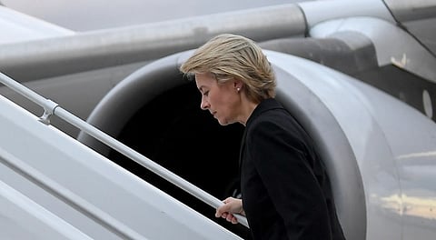 Ursula von der Leyen is pictured boarding a plane