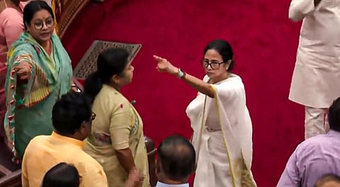 West Bengal Chief Minister Mamata Banerjee gestures at opposition legislators during a special session in the state Assembly, in Kolkata, Thursday, Sept. 4, 2025.