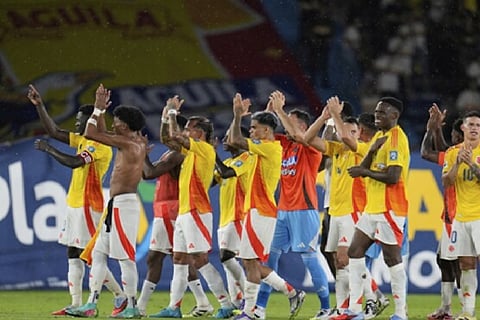 Players of Colombia celebrate their team’s 3-0 victory over Bolivia at the end of a World Cup 2026 qualifying soccer match at Metropolitano stadium in Barranquilla, Colombia, Thursday, Sept. 4, 2025.