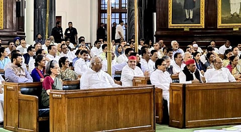 Congress President Mallikarjun Kharge, party leader Sonia Gandhi, Samajwadi Party President Akhilesh Yadav, NCP (SP) Chief Sharad Pawar and others during a meeting of opposition party MPs, at Central Hall of Parliament, in New Delhi.