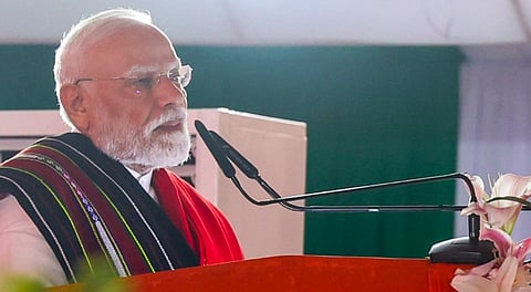 Prime Minister Narendra Modi during laying of foundation stone and inauguration of development works, in Churachandpur, Manipur.