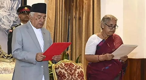 Nepal’s President Ramchandra Paudel administers the oath of office to Sushila Karki, a former Chief Justice, as Nepal’s interim prime minister during a swearing-in ceremony, following violent anti-graft protests, at the president's office in Kathmandu, Nepal, September 12, 2025.