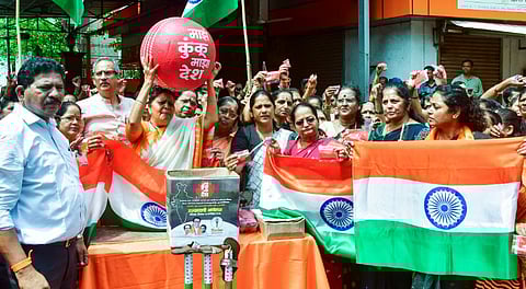 Shiv Sena (UBT) workers stage a protest against the India-Pakistan Asia Cup cricket match, in Mumbai, Sunday, Sept. 14, 2025.