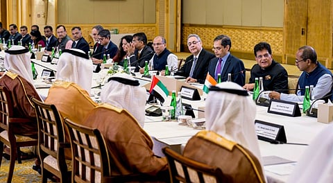 Union Minister of Commerce and Industry Piyush Goyal during the 13th Meeting of the India-UAE High-Level Joint Task Force on Investments, in Abu Dhabi, UAE on Sept. 18, 2025, .