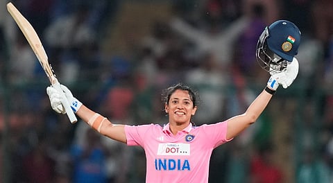 India's Smriti Mandhana celebrates her century during the third ODI cricket match of a series between India Women and Australia Women, at the Arun Jaitley Stadium, in New Delhi, Saturday, Sept. 20, 2025.