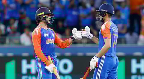 India's Abhishek Sharma celebrates his half century during the Asia Cup 2025 Super Four match between India and Pakistan, in Dubai, UAE.