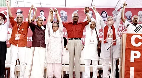 Leaders pose for a photograph at the inaugural session of the CPI 25th congress in Chandigarh.