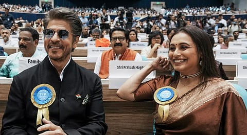 Bollywood actors Shah Rukh Khan and Rani Mukerji during the 71st National Film Awards ceremony in New Delhi, Tuesday, Sept. 23, 2025.
