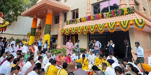 Delhi Chief Minister Rekha Gupta performs rituals at the newly built BJP Delhi headquarters, in New Delhi.