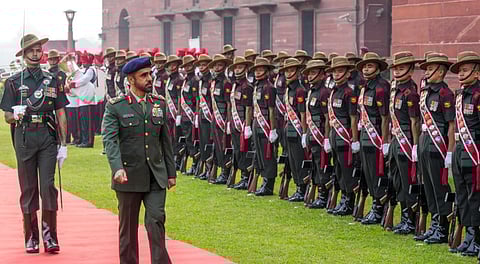UAE Land Forces Commander Major General Yousef Mayouf Al Halami during his ceremonial welcome at the South Block Lawn, in New Delhi, Monday, Oct. 27, 2025.