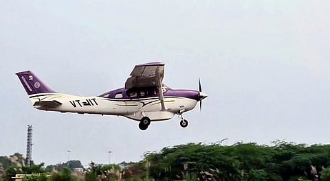 The aircraft to be used for the first cloud-seeding trial in the national capital takes off from Kanpur, Tuesday, Oct. 28, 2025.
