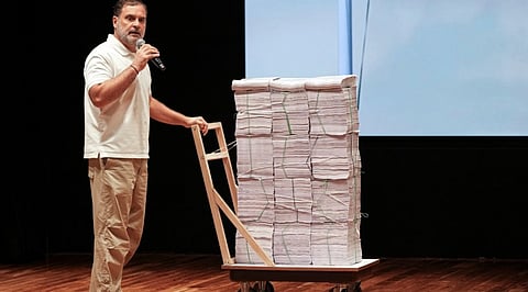 Leader of Opposition in the Lok Sabha and Congress leader Rahul Gandhi during a press conference, in New Delhi, Wednesday, Nov. 5, 2025.