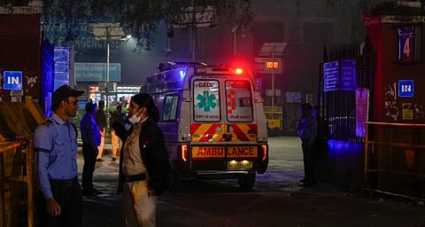 An ambulance arrives at the LNJP Hospital, where victims of the car blast that occurred near the Red Fort have been admitted, in New Delhi, Monday, Nov. 10, 2025.