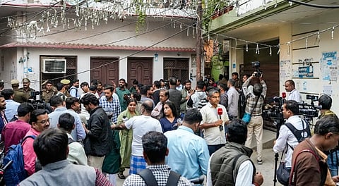 A joint team of the Anti-Terrorist Squad (ATS), Lucknow Police and other central agencies at the residence of Shaheen Shahid, a doctor who was arrested in connection with the Delhi blast case, in Lucknow, Tuesday, Nov. 11, 2025.