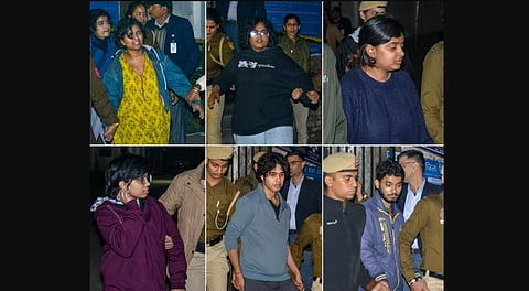 protesters who were arrested on charges of obstructing police personnel during a demonstration at the India Gate over pollution, being prouduced at Patiala House Court, in New Delhi, Monday, Nov. 24, 2025.
