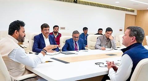 Union Minister of Civil Aviation Ram Mohan Naidu Kinjarap with Indigo's CEO Pieter Elbers during a meeting on Dec. 9, 2025 regarding company's flight disruptions.