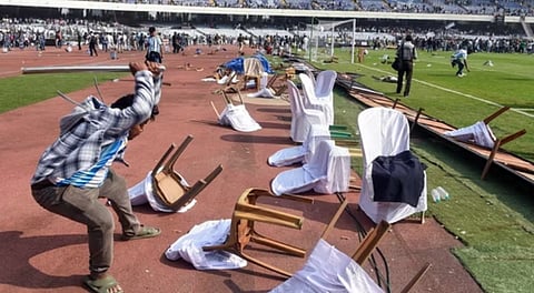 Angry fans vandalise the Salt Lake Stadium, alleging poor management during Argentine footballer Lionel Messi's G.O.A.T India Tour 2025, in Kolkata.