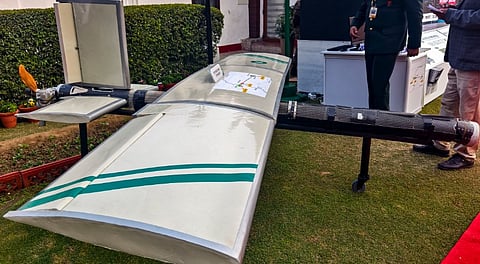 A view of the reconstructed Turkish Yiha Kamikaze drone, which was neutralised by the Indian Army during Operation Sindoor, at an exhibition marking the 'Vijay Diwas' celebrations.