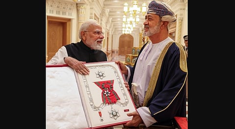 Prime Minister Narendra Modi being conferred with the Order of Oman, the Sultanate's uniquely distinct civilian honour, by Sultan of Oman Haitham bin Tarik, in Muscat, Oman