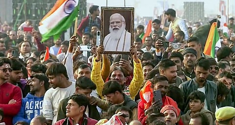 People attend the inauguration of Rashtriya Prerna Sthal, a landmark national memorial and complex dedicated to celebrating the life and ideals of former prime minister and Bharat Ratna Atal Bihari Vajpayee on his 101st birth anniversary, in Lucknow on Dec. 25, 2025.