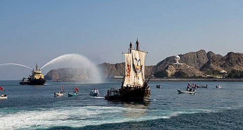 Traditionally-built stitched ship INSV Kaundinya, sails into the shores of Muscat on Jan. 14, 2026, after a 17-day maiden overseas voyage, from India to Oman.